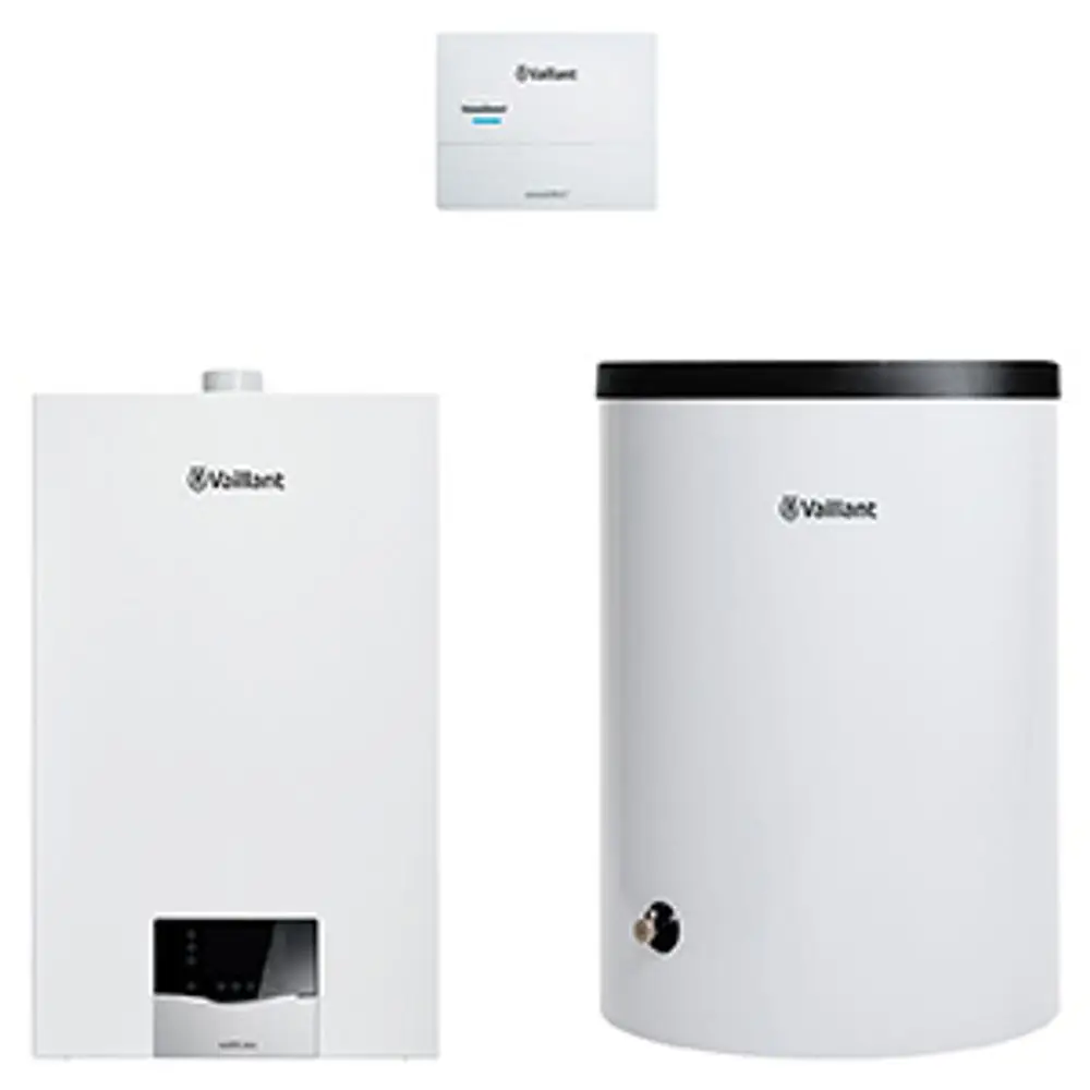 Vaillant Heizkessel, ein Zirkulationsspeicher und ein Regelgerät in Weiß, gruppiert und zur Heizungs- oder Warmwasserbereitung geeignet.